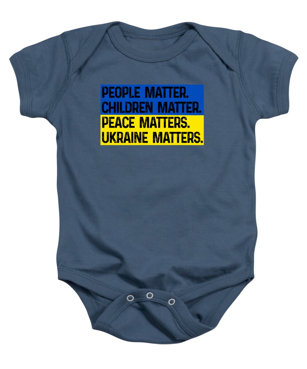 Navy baby onesie with front graphic text "Ukraine matters"