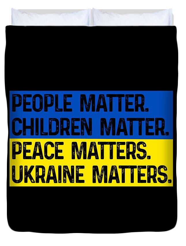 Black duvet cover with stacked message in blue and yellow blocks: PEOPLE MATTER, CHILDREN.