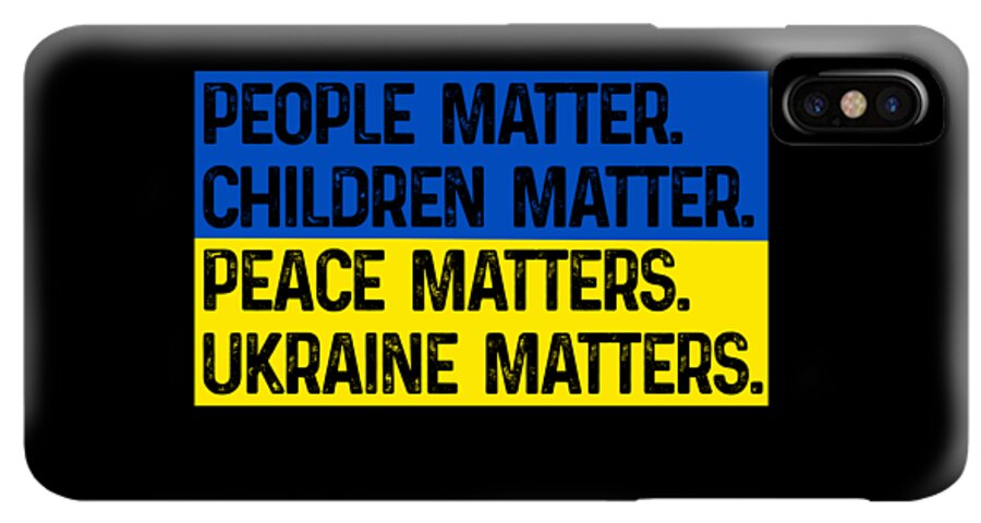 Black phone case with blue and yellow slogan panel “UKRAINE MATTERS” and small camera module