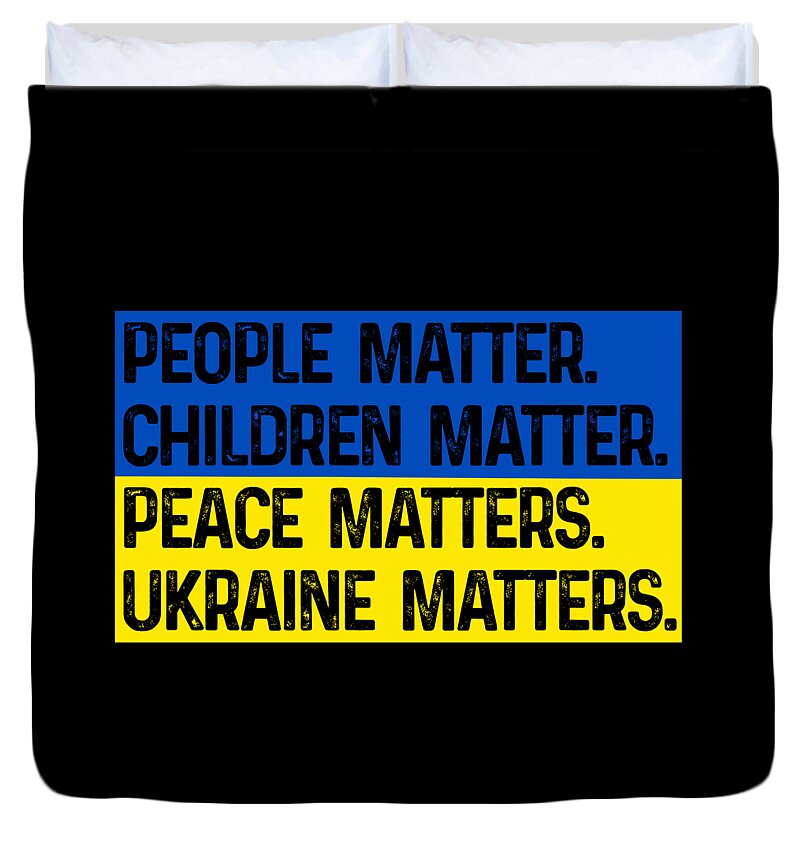 Black duvet cover with bold blue and yellow text: PEOPLE MATTER. CHILDREN MATTER.