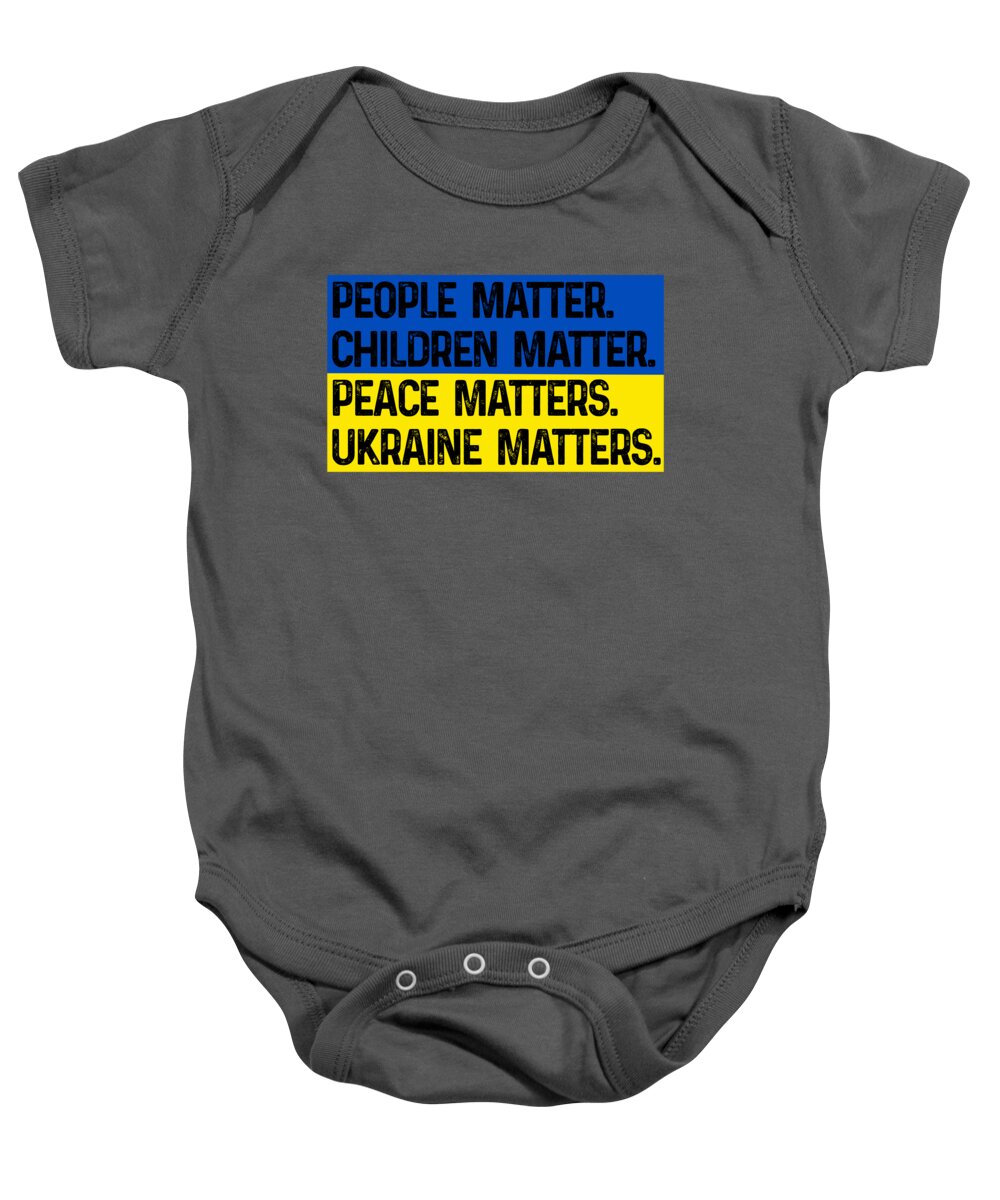 Charcoal baby onesie with front graphic text "Ukraine matters"
