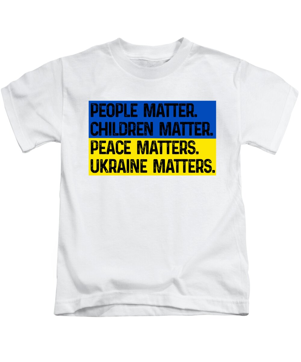 Kids Ukraine-themed t-shirt in white with blue and yellow message graphic