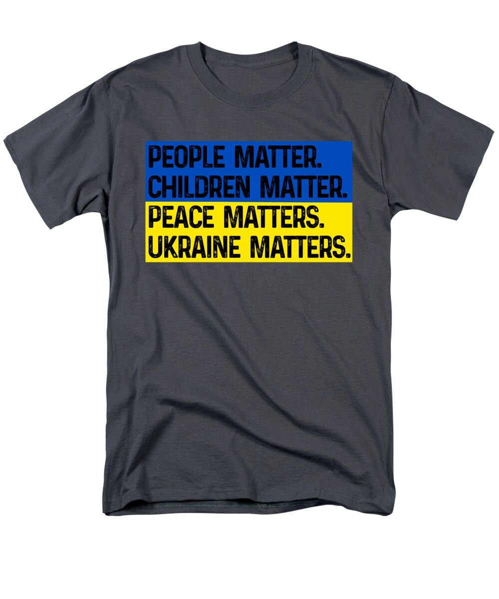 Men's charcoal T-shirt with front graphic text: PEOPLE MATTER, CHILDREN MATTER, UKRAINE MATTERS.