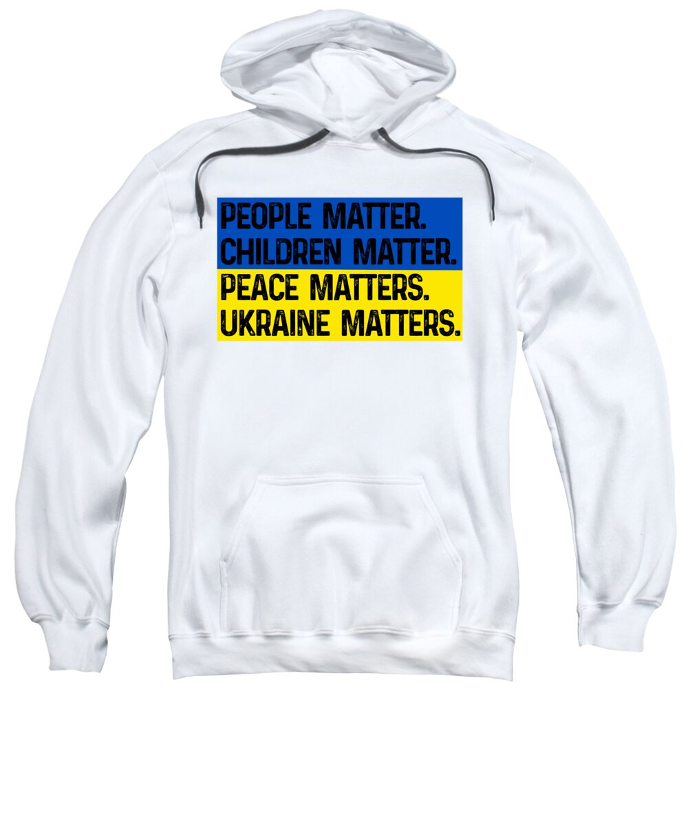 White hoodie sweatshirt with front multicolor text graphic, People Matter Children Matter.