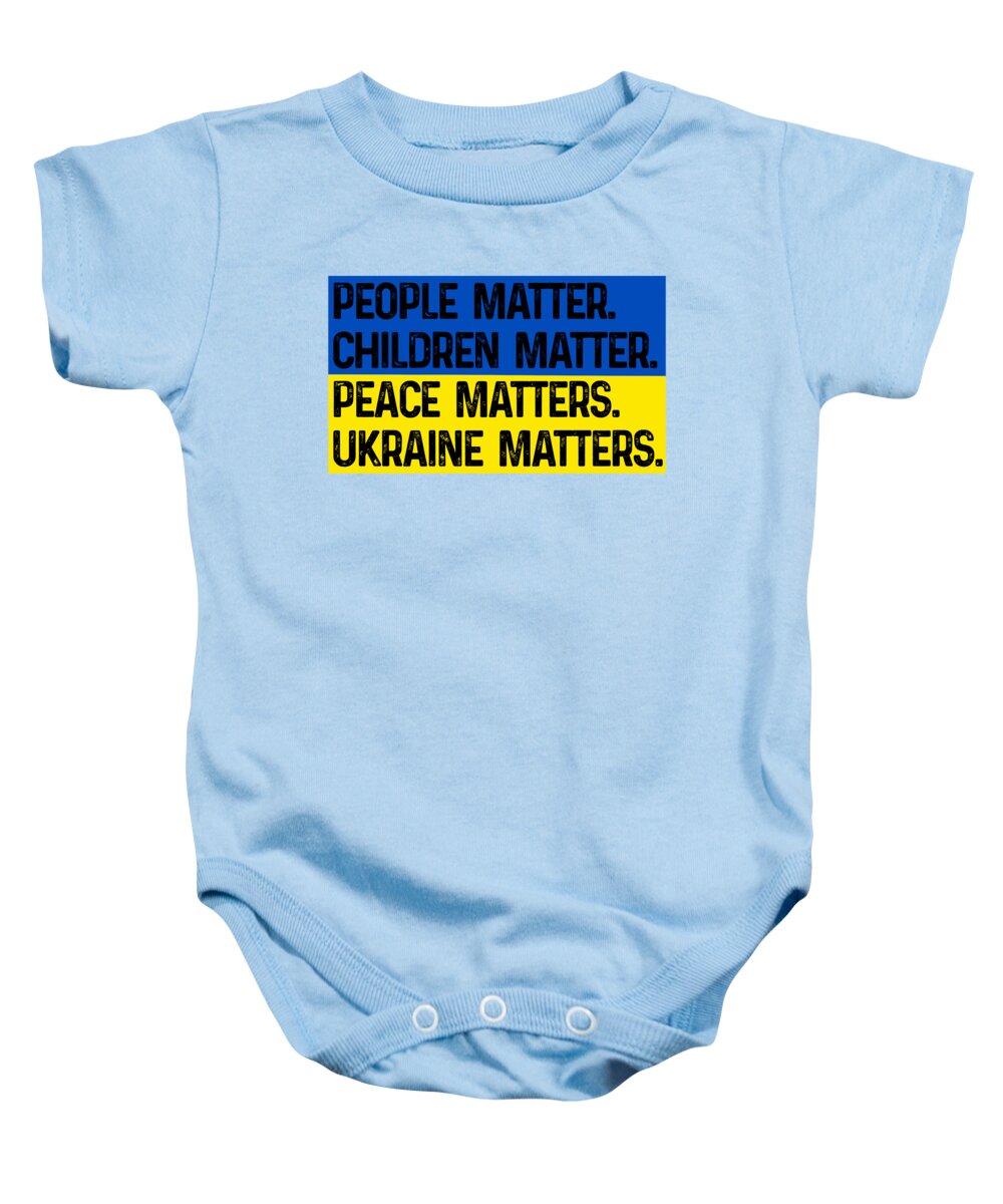 Light blue baby onesie with front graphic text "Ukraine matters"