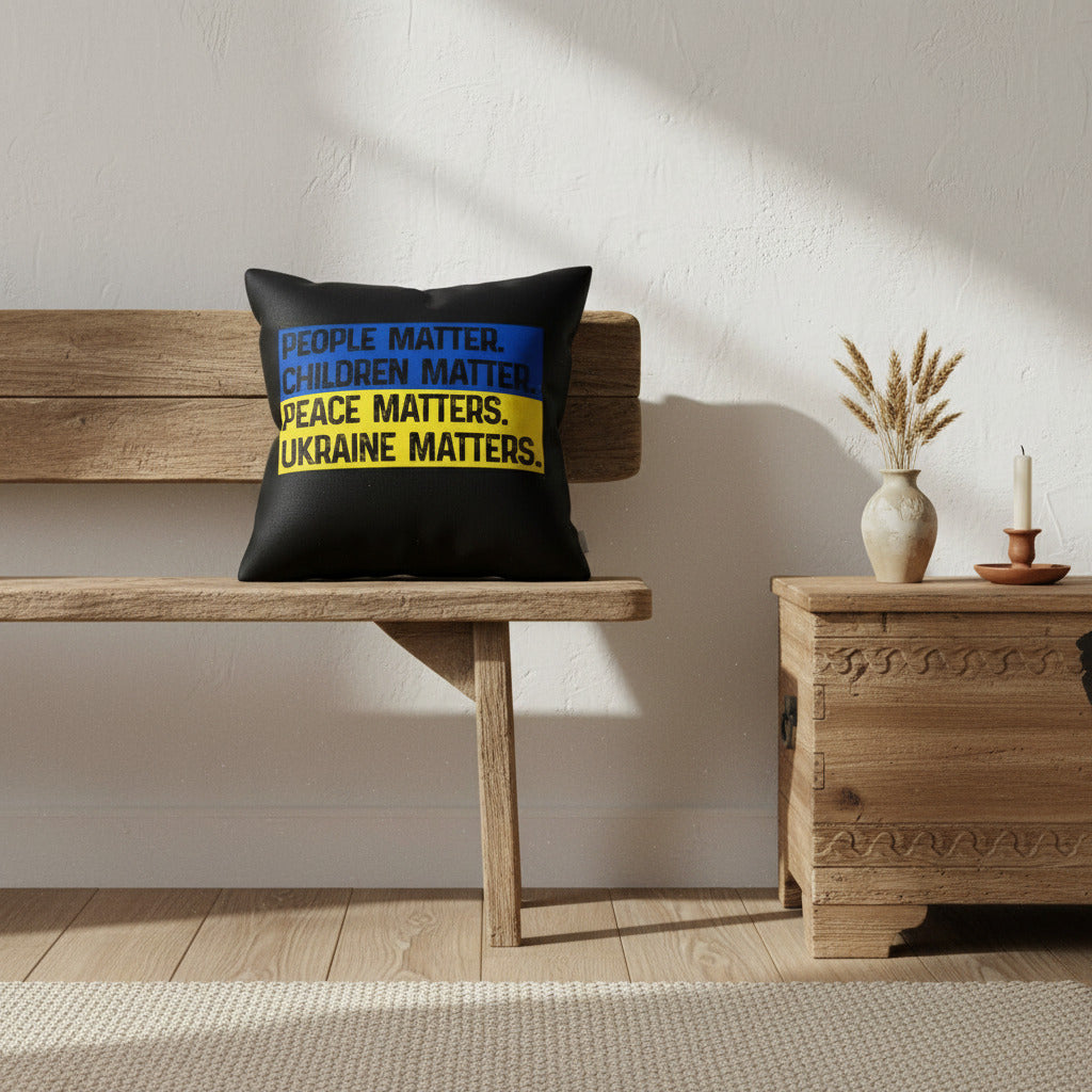 Black throw pillow with text People Matter Children Matter Peace Matters Ukraine Matters