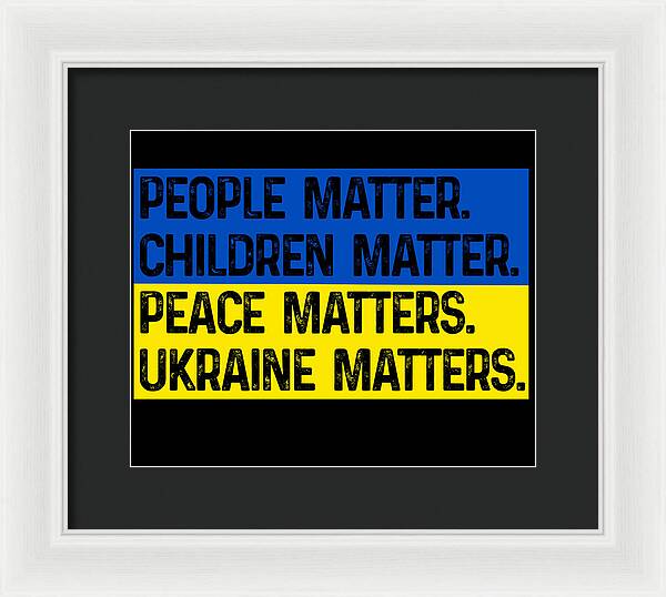 White framed wall print with dark background and blue/yellow text: PEOPLE MATTER, CHILDREN MATTER.