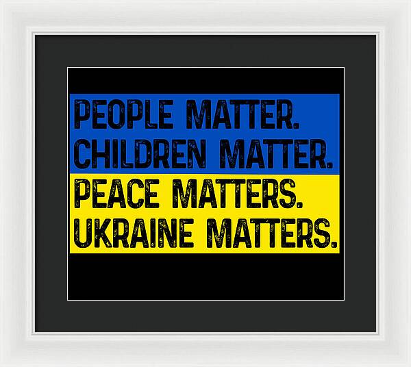 Framed wall art print with blue and yellow text on black background, white mat