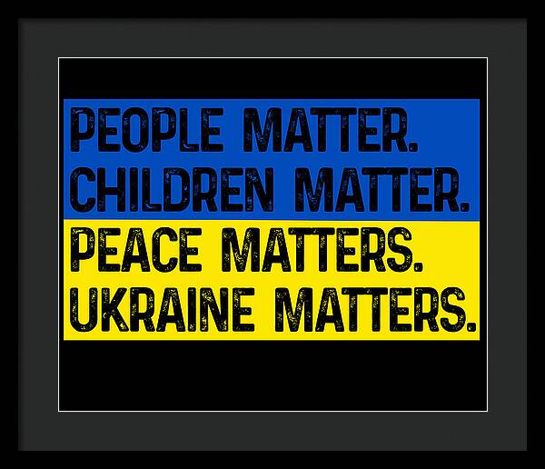 Framed wall art print with blue and yellow text on black background, dark frame