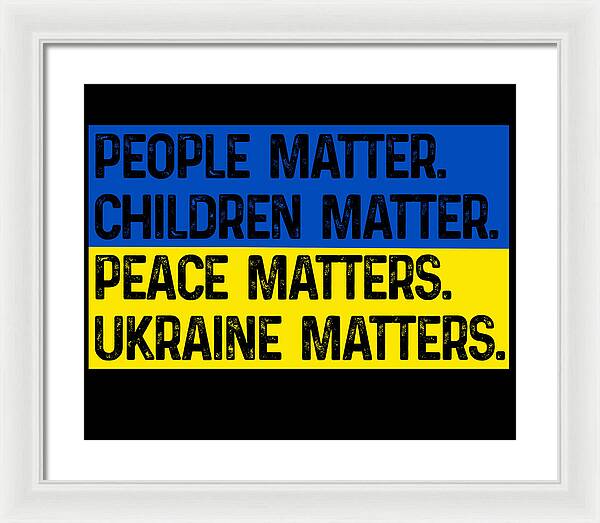 Framed wall art print with blue and yellow text on black background, white frame