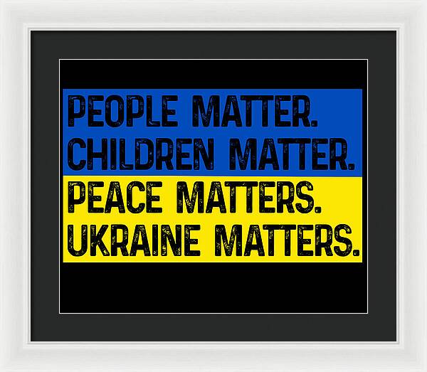 Framed wall art print with blue and yellow text on black background, black mat