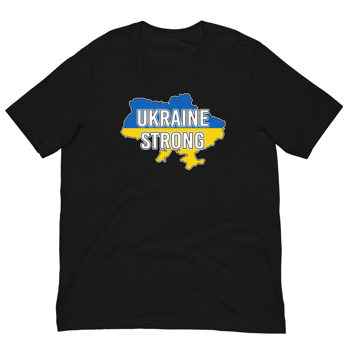 Black T-shirt with chest graphic reading “UKRAINE STRONG” in blue and yellow.