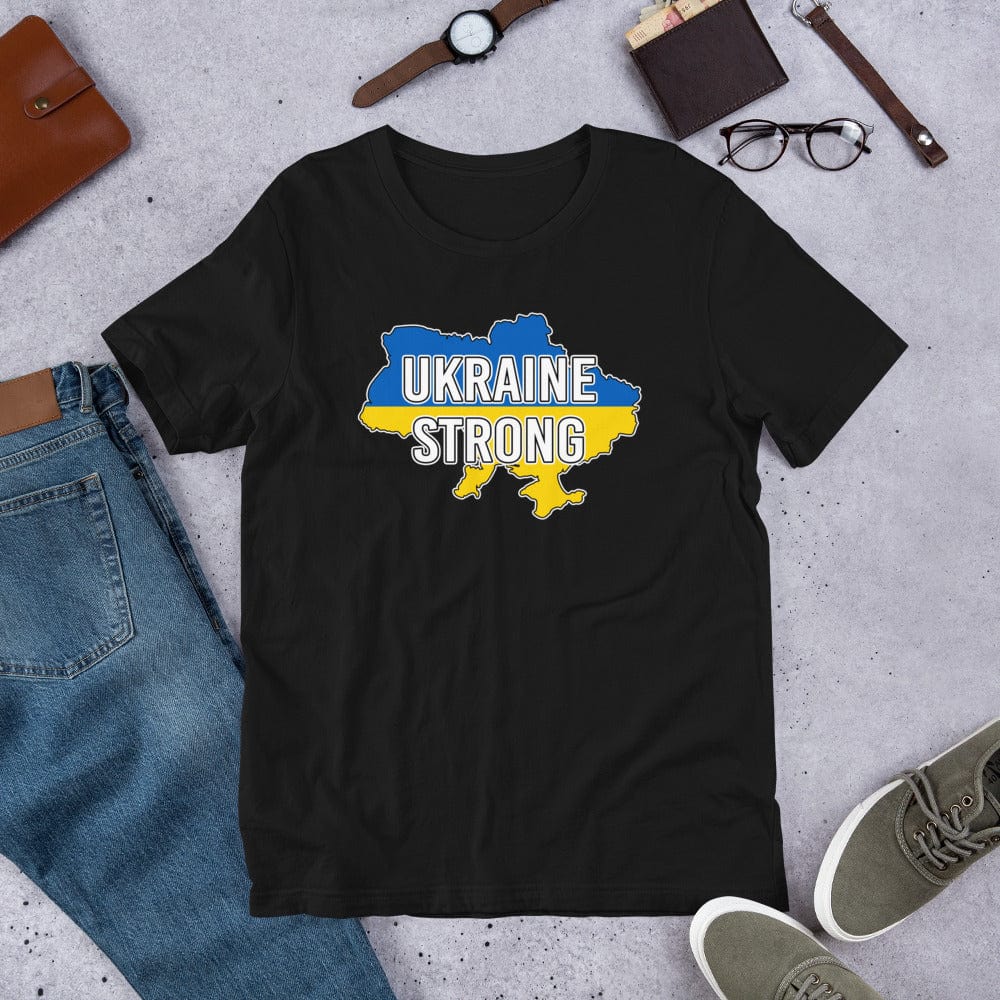 Black T-shirt with centered chest graphic reading “UKRAINE STRONG” in blue and yellow.