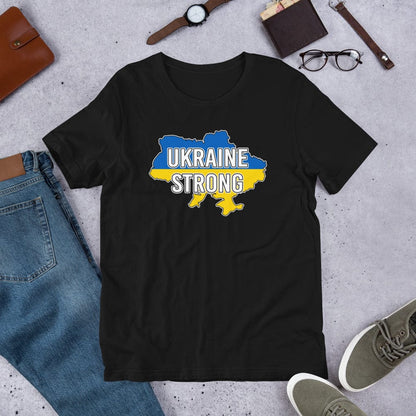 Black T-shirt with centered chest graphic reading “UKRAINE STRONG” in blue and yellow.
