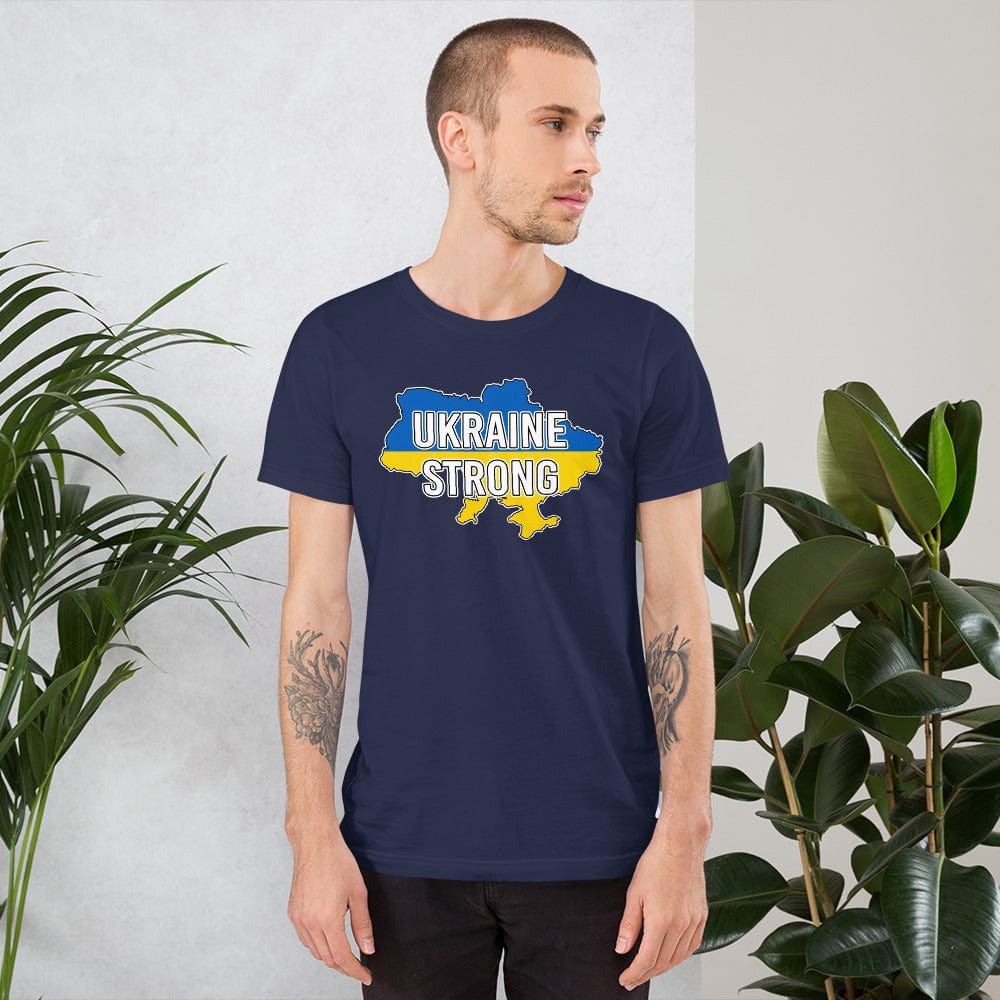 Navy T-shirt with front chest graphic reading “UKRAINE STRONG” in blue and yellow.