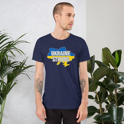 Navy T-shirt with front chest graphic reading “UKRAINE STRONG” in blue and yellow.