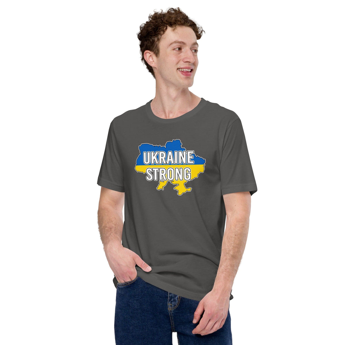 Heather gray T-shirt with chest graphic reading “UKRAINE STRONG” in blue and yellow.