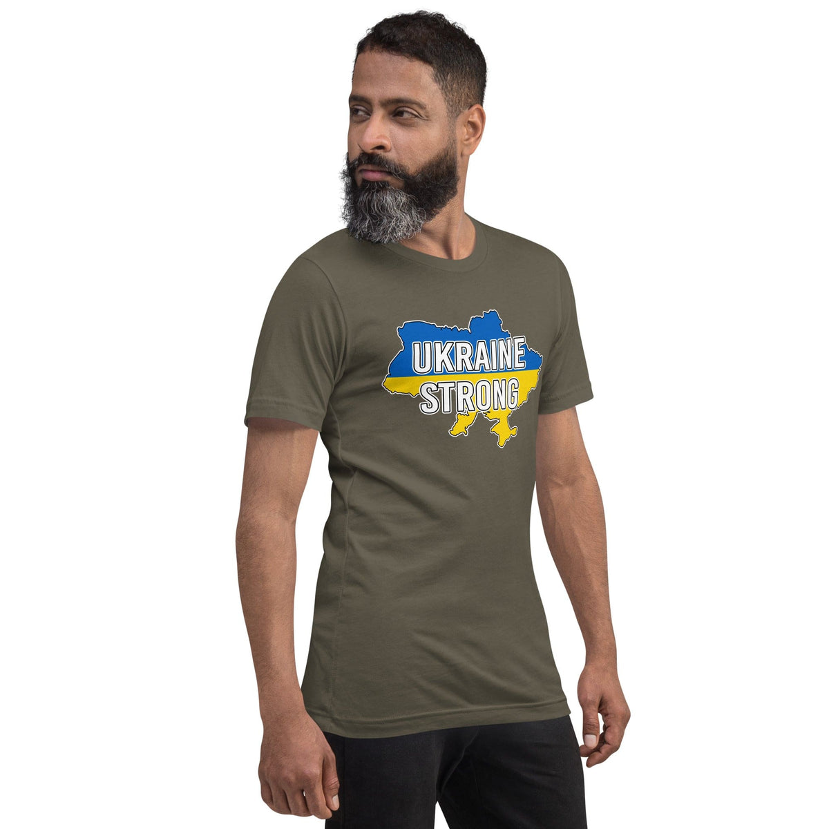 Olive green T-shirt with front chest graphic reading “UKRAINE STRONG” in blue and yellow.