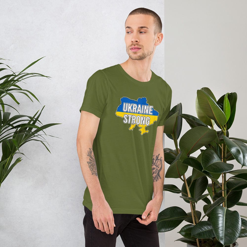 Olive green T-shirt with centered chest graphic reading “UKRAINE STRONG” in blue and yellow.