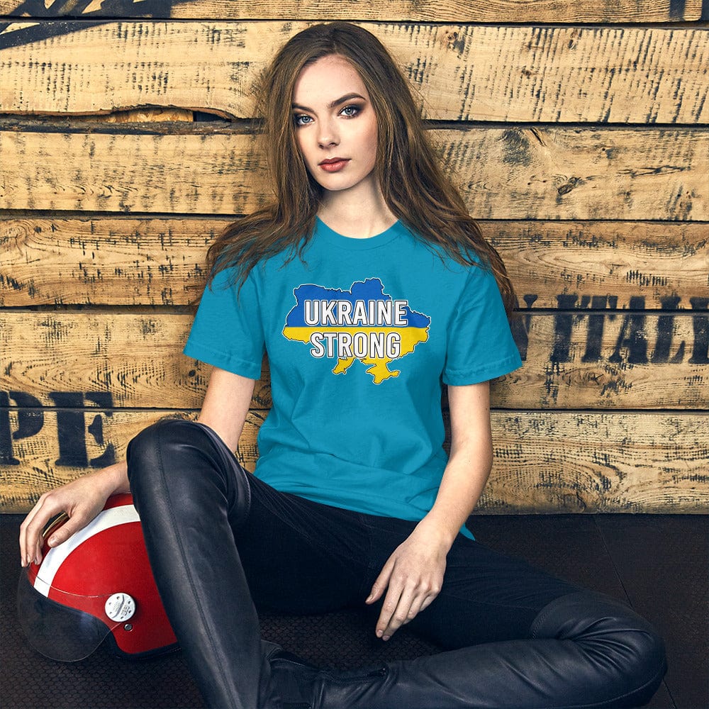 Teal T-shirt with front chest graphic reading “UKRAINE STRONG” in blue and yellow.
