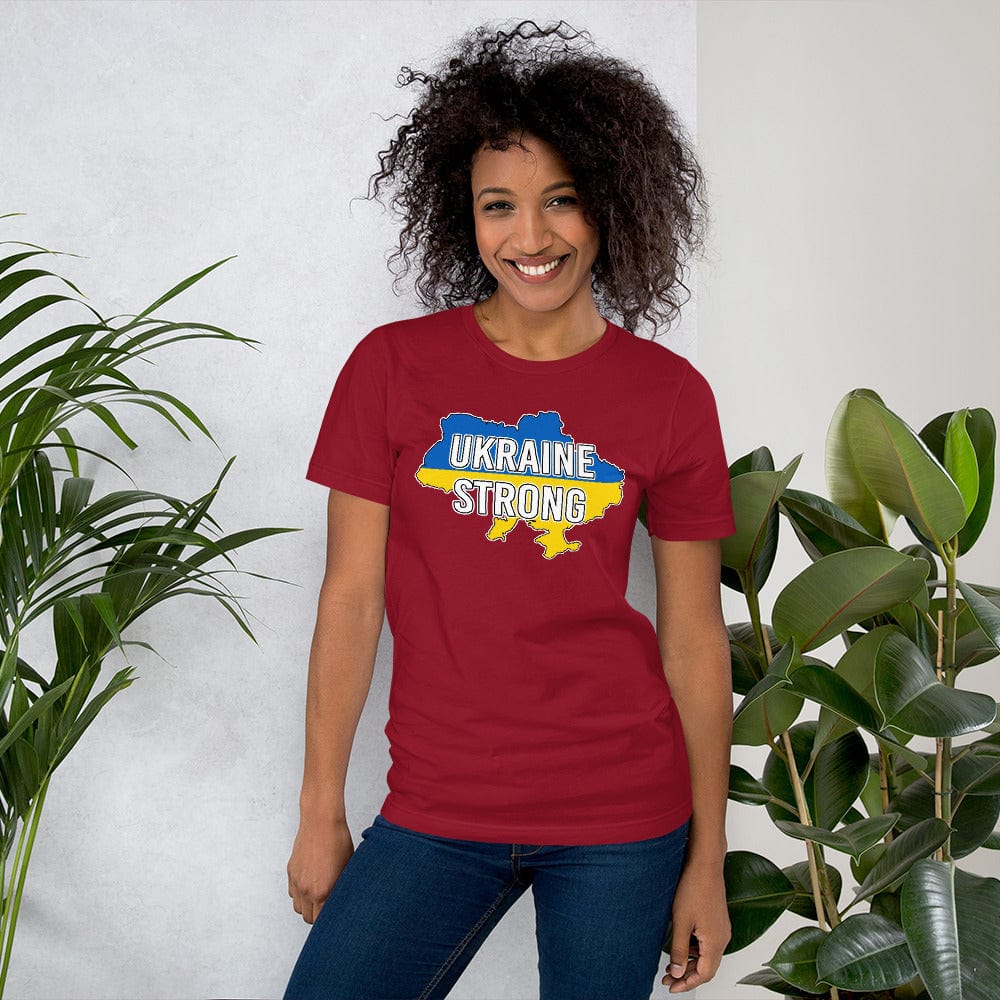 Red T-shirt with front chest graphic reading “UKRAINE STRONG” in blue and yellow.