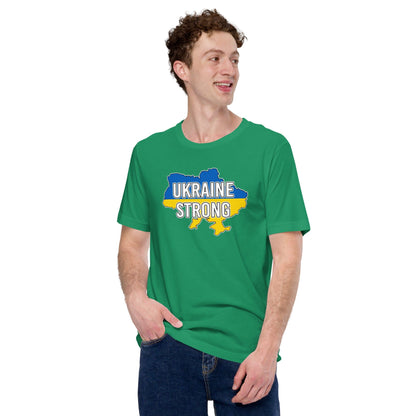 Green T-shirt with front chest graphic reading “UKRAINE STRONG” in blue and yellow.