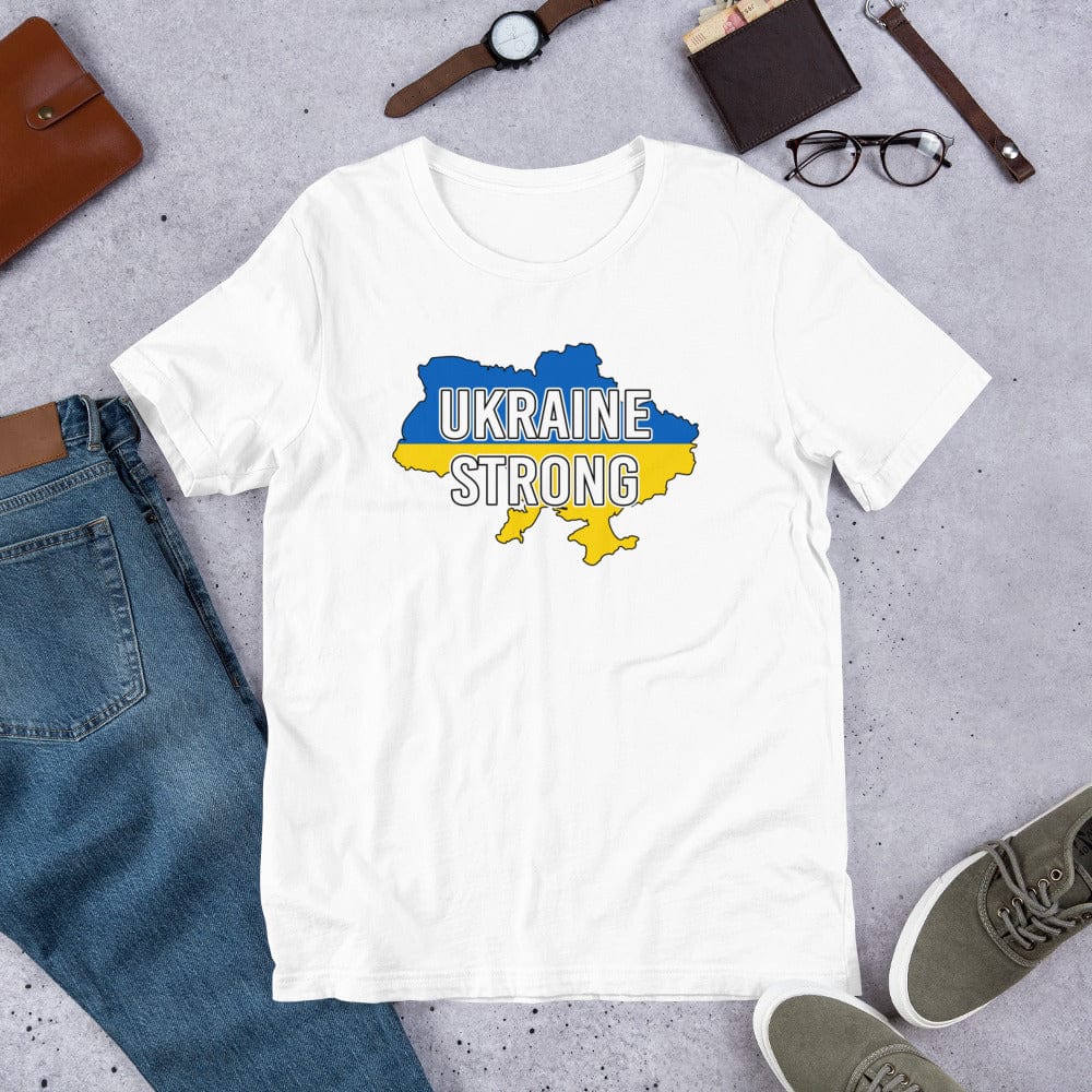 White T-shirt with UKRAINE STRONG logo map graphic on the chest