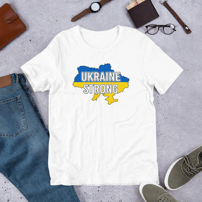 White T-shirt with UKRAINE STRONG logo map graphic on the chest