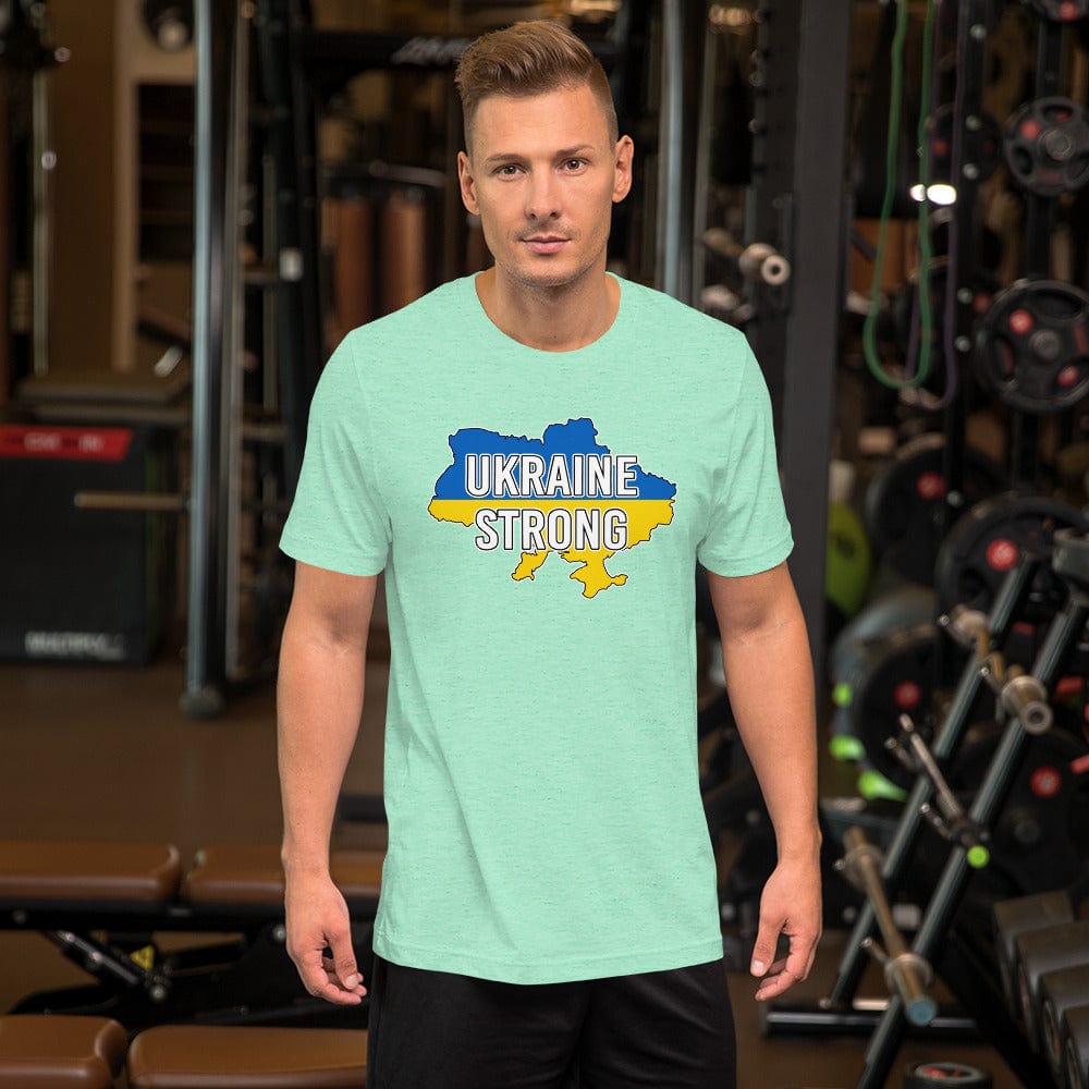 Light aqua T-shirt with front chest graphic reading “UKRAINE STRONG” in blue and yellow.