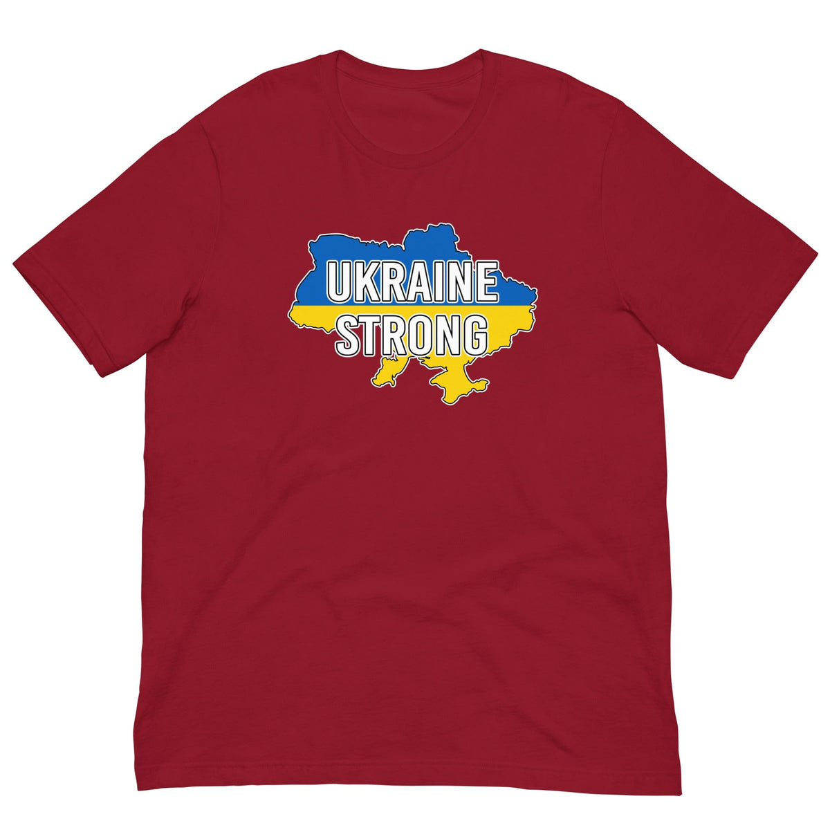 Red T-shirt with UKRAINE STRONG logo map graphic on the chest