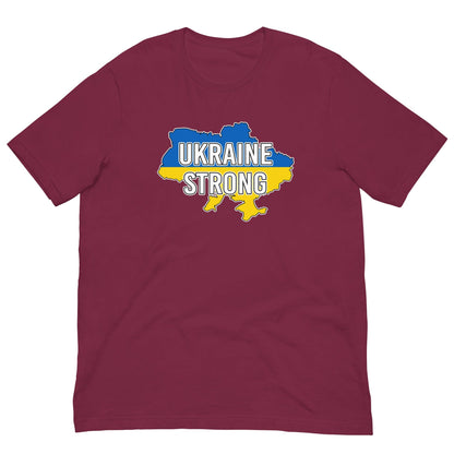 Maroon T-shirt with UKRAINE STRONG logo map graphic on the chest