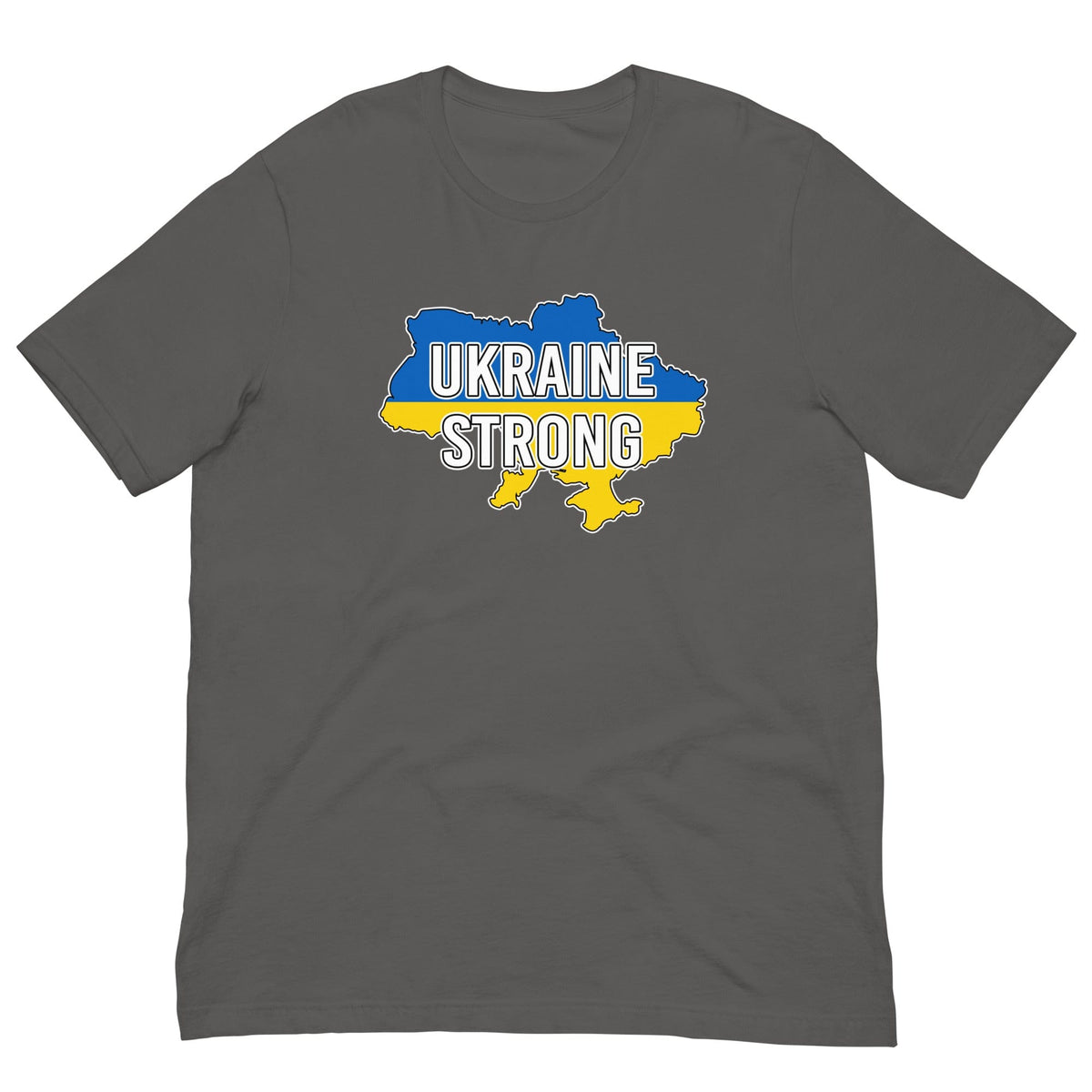 Dark gray T-shirt with UKRAINE STRONG logo map graphic on the chest