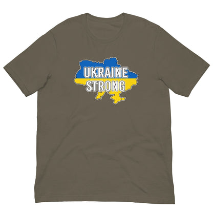 Olive T-shirt with UKRAINE STRONG logo map graphic on the chest