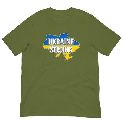 Green T-shirt with UKRAINE STRONG logo map graphic on the chest