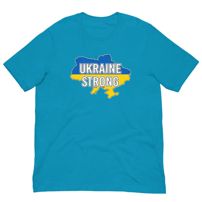 Aqua blue T-shirt with UKRAINE STRONG logo map graphic on the chest
