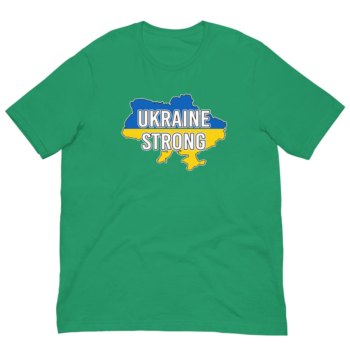 Green T-shirt with UKRAINE STRONG logo map graphic on the chest