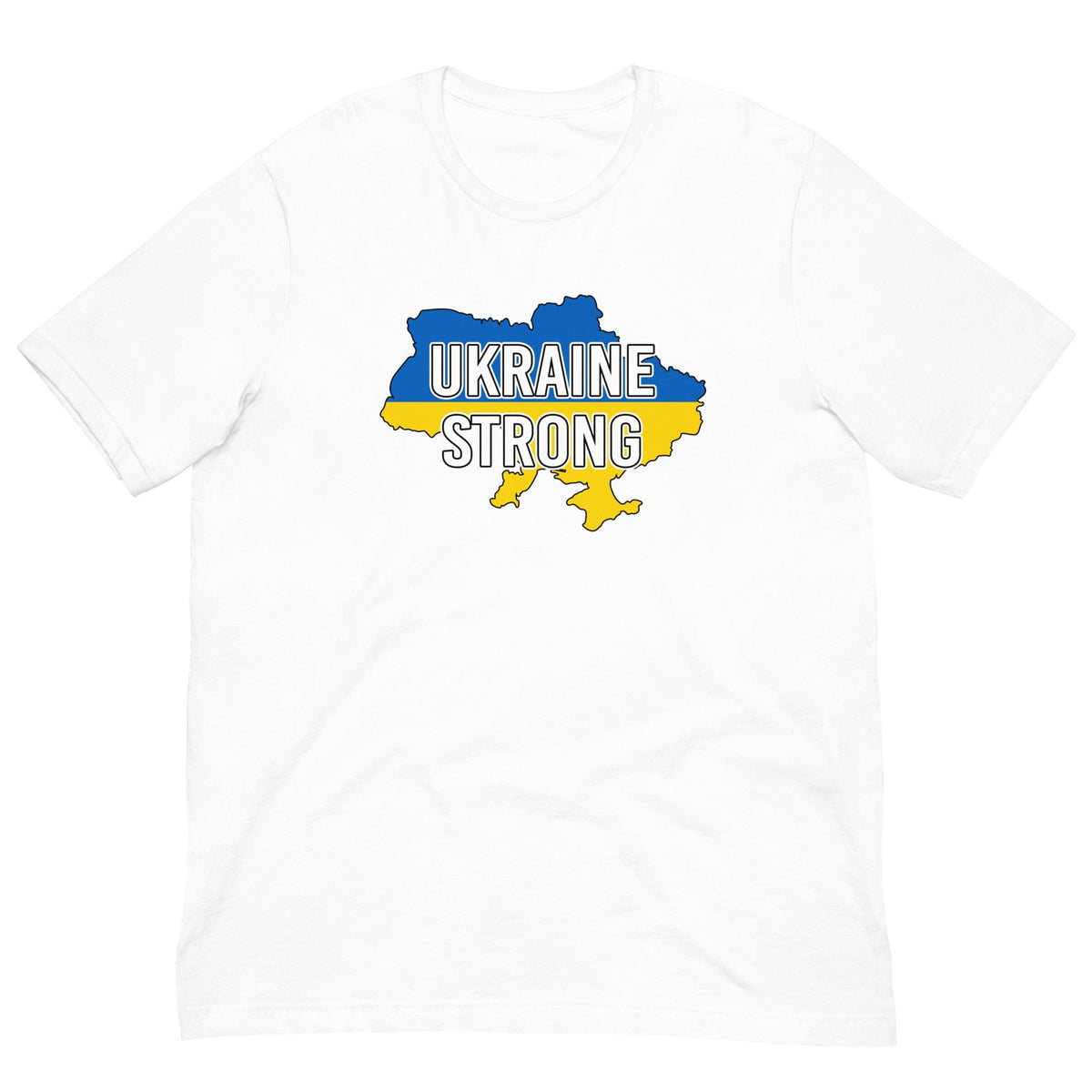 White T-shirt with UKRAINE STRONG blue-and-yellow front graphic