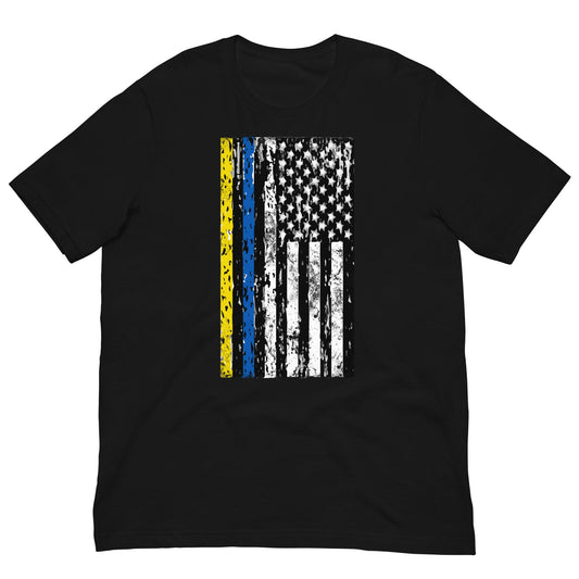 Black crewneck T-shirt with distressed vertical flag graphic front