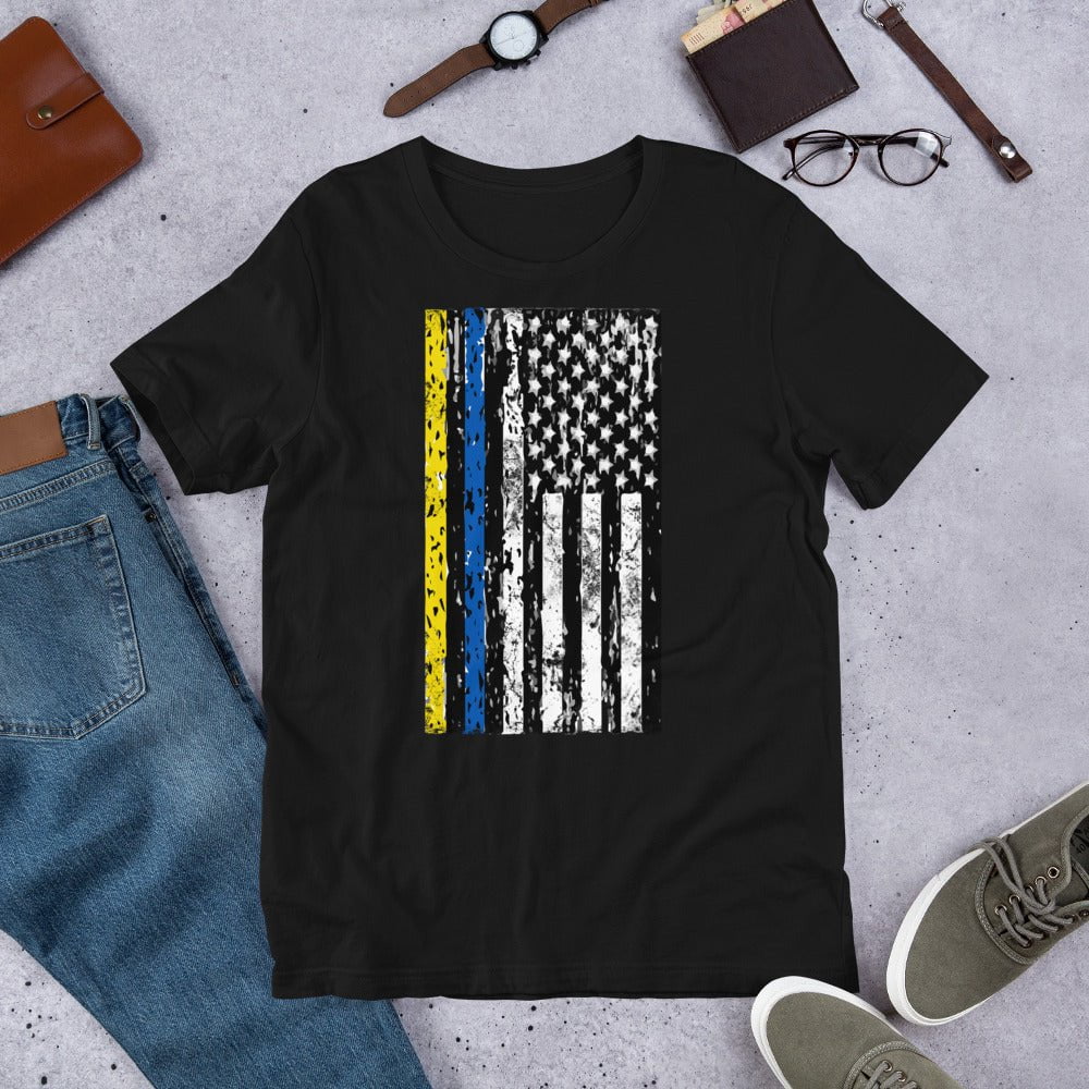 Black crewneck T-shirt with distressed vertical flag graphic centered