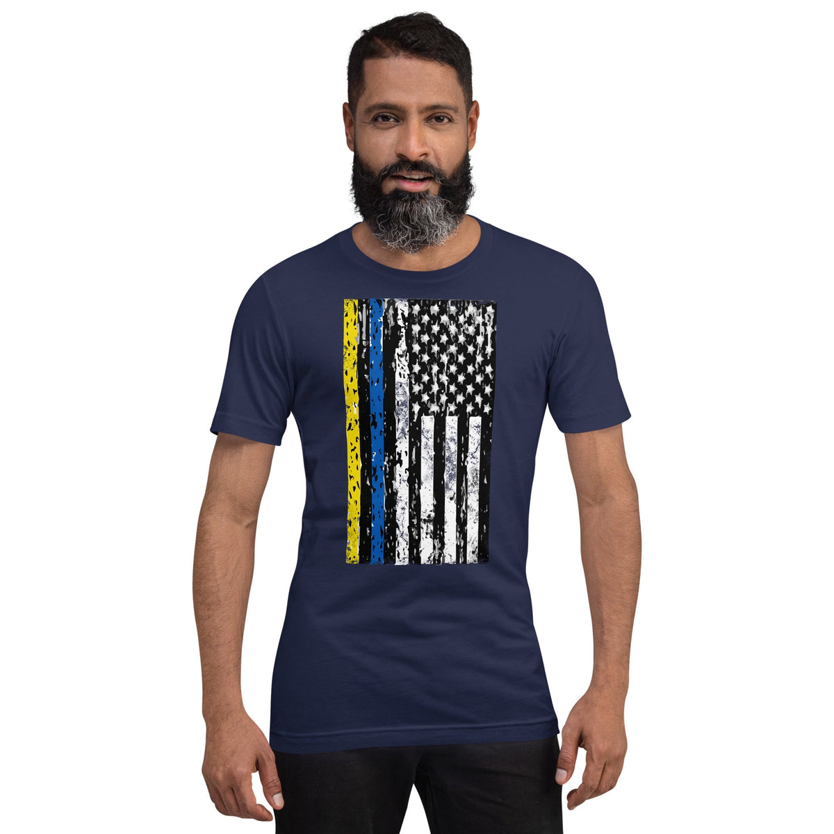 Navy crewneck T-shirt with distressed vertical flag graphic front