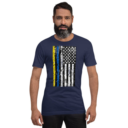Navy crewneck T-shirt with distressed vertical flag graphic front