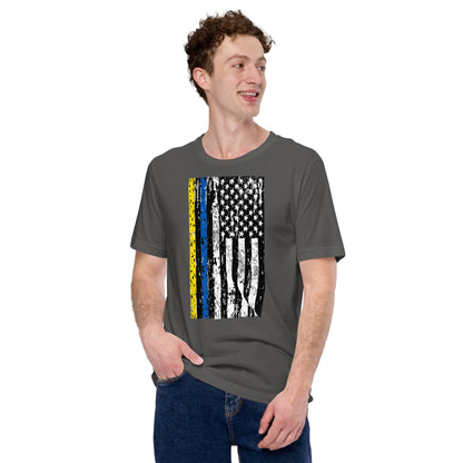 Dark gray crewneck T-shirt with distressed vertical flag graphic on chest
