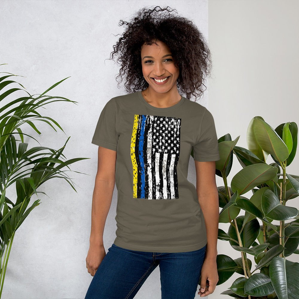 Olive crewneck T-shirt with distressed vertical flag graphic on chest