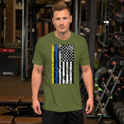 Green crewneck T-shirt with distressed vertical flag graphic front