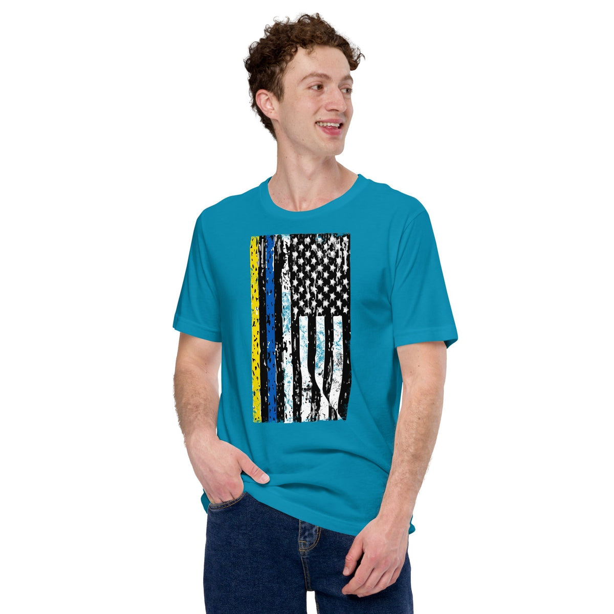 Turquoise crewneck T-shirt with distressed vertical flag graphic on chest