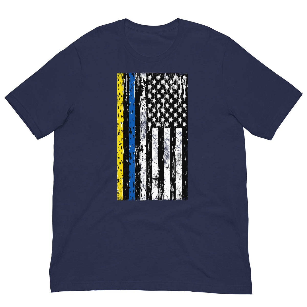 Navy crewneck T-shirt with distressed vertical flag graphic centered