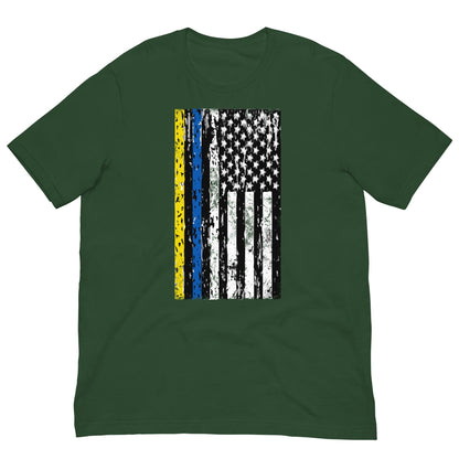 Green crewneck graphic T-shirt with yellow-blue stripe and white star flag print