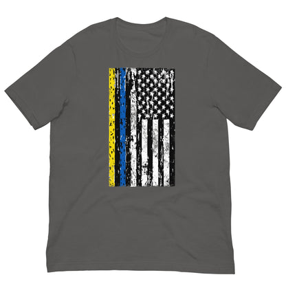 Gray crewneck graphic T-shirt with yellow-blue stripe and white star flag print