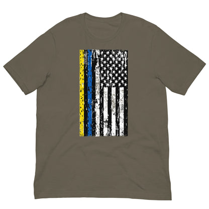 Brown crewneck graphic T-shirt with yellow-blue stripe and white star flag print