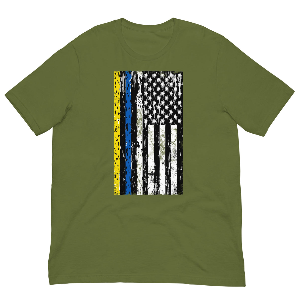 Olive crewneck graphic T-shirt with yellow-blue stripe and white star flag print